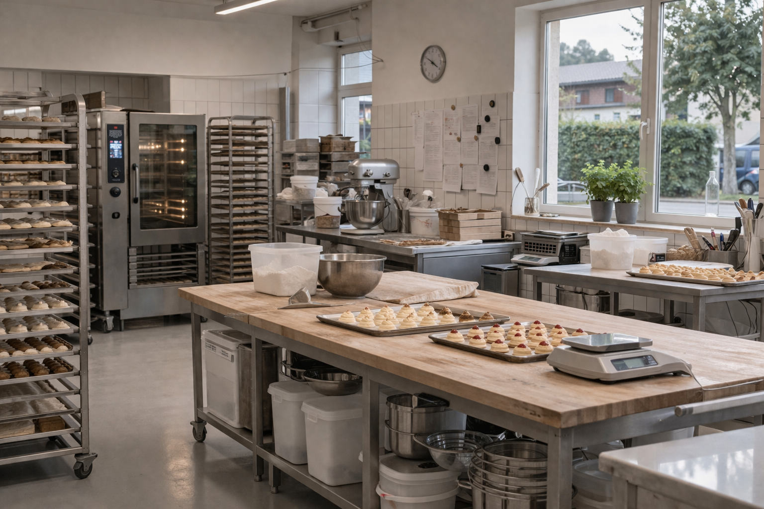 Blick in eine warme, traditionelle Backstube mit Holz, Mehl und Teigarbeit