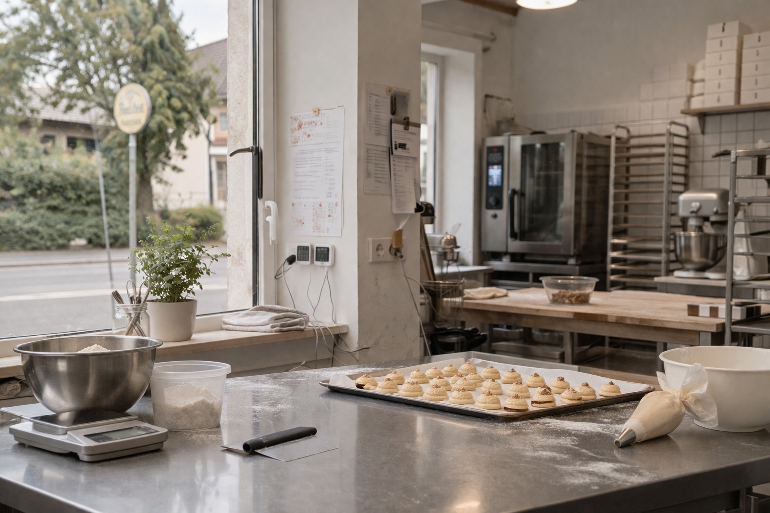 Warme Backstube mit Brot, Mehl, Eiern und einer Torte auf dem Arbeitstisch