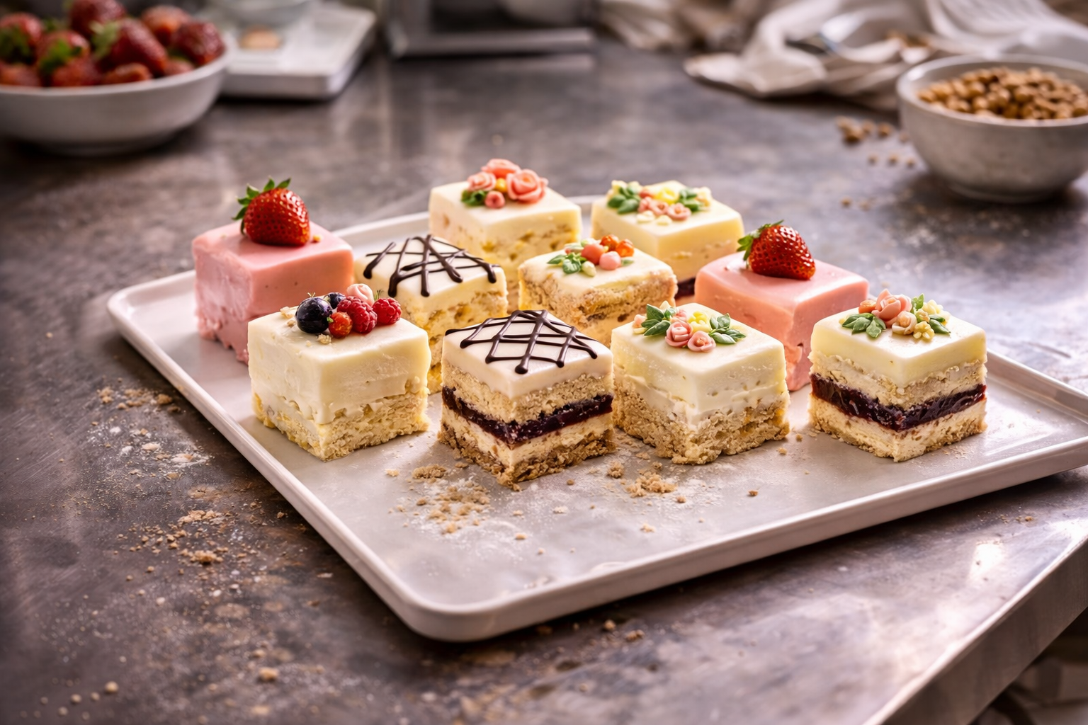 Feines Gebäck und kleine Törtchen auf einem Holztablett