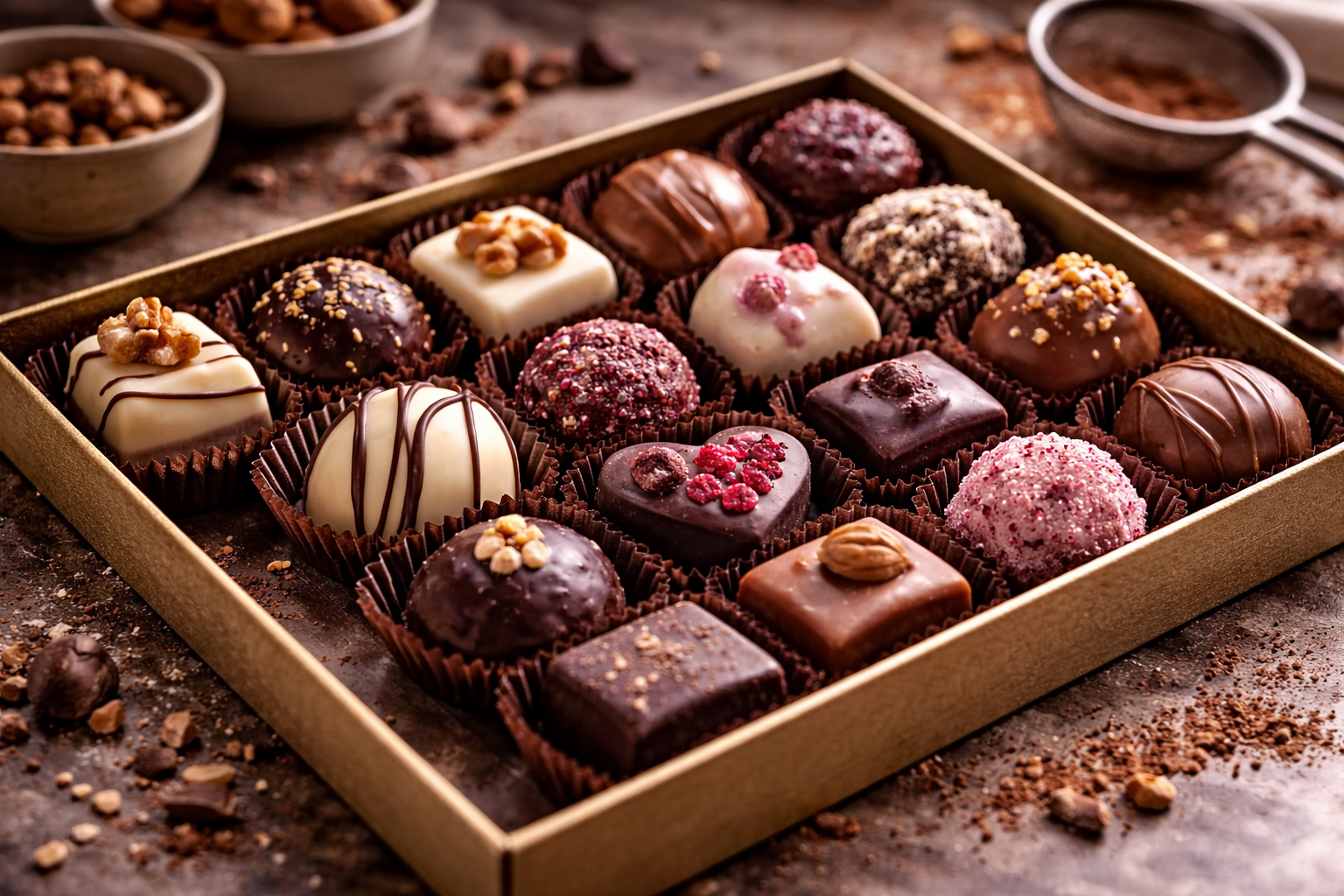 Handgemachte Pralinen auf einer rustikalen Keramikplatte